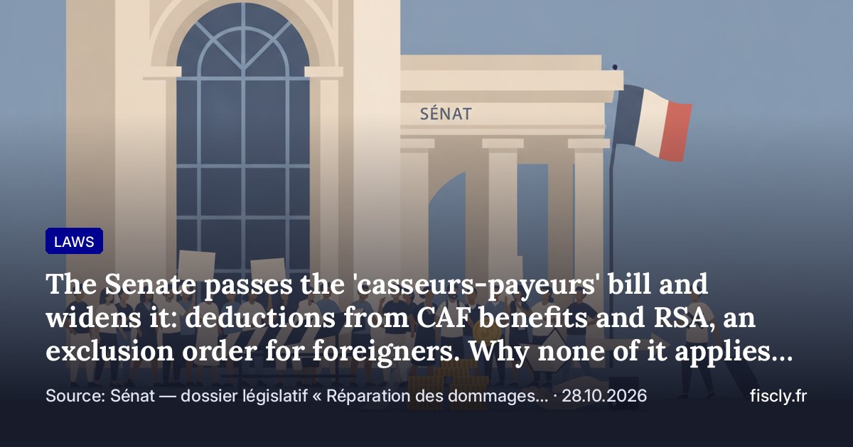 The Senate passes the 'casseurs-payeurs' bill and widens it: deductions from CAF benefits and RSA, an exclusion order for foreigners. Why none of it applies yet, and how to tell when it does